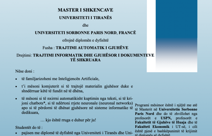 Njoftim: Universiteti i Tiranës dhe Universiteti Sorbonne Paris Nord Francë ofrojnë diplomën e dyfishtë