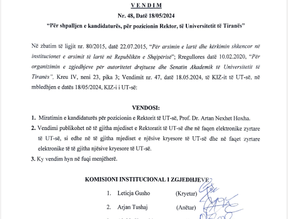 Vendim KIZ nr.48, datë 18.05.2024, “Për shpalljen e kandidaturës, për pozicionin Rektor, të Universitetit të Tiranës”