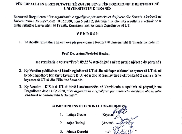 Vendim KIZ, nr. 67, datë 22.06.2024 “Për shpalljen e rezultatit të zgjedhjeve për pozicionin e Rektorit në Universitetin e Triranës”