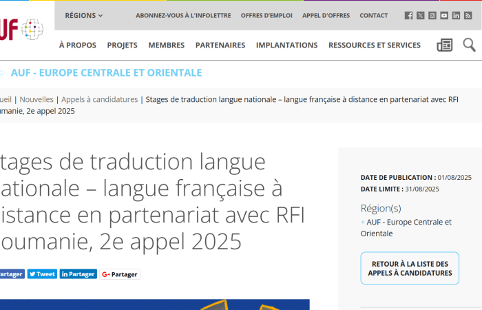 Agjencia Universitare për Frankofoninë në Evropën Qendrore dhe Lindore (AUF-ECO), në bashkëpunim me Radio France Internationale (RFI) Rumani, po lançon dy thirrje për aplikime për stazhe përkthimi në distancë për artikuj shtypi, të destinuara për studentët frëngjishtfolës të regjistruar në një program bachelor ose master në një institucion anëtar të AUF-ECO.