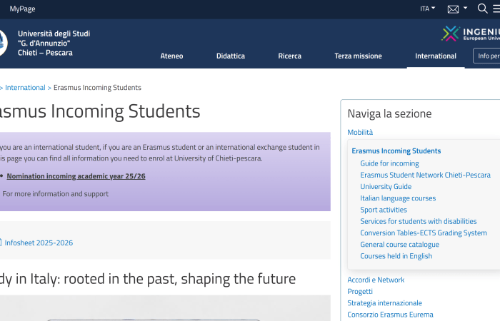 Hapet thirrja për bursa për studentët e Universitetit të Tiranës në kuadër të programit Erasmus + në Universitetin “G. d’Annunzio” Chieti-Pescara, Itali, për semestrin e dytë të vitit akademik 2025-2026.
