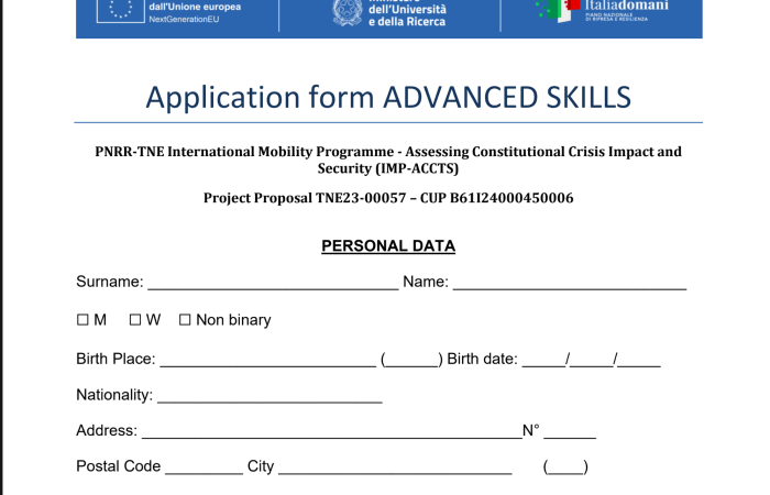 Në kuadër të Projektit PNRR-TNE International Mobility Programme – Assessing Constitutional Crisis, Impact and Security (IMP-ACCTS), Project Proposal TNE23-00057 – CUP B61I24000450006 është hapur thirrja për pjesëmarrjen në workshop-in përfundimtar të projektit “Siguria dhe Kriza Kushtetuese në Sistemet Kushtetuese Bashkëkohore”, i cili do të zhvillohet më 5–6 mars 2026 në Universitetin e Cagliarit, Sardinia, Itali.