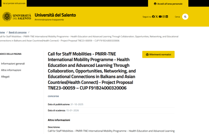 Hapet thirrja për Mobilitete të Stafit në Universitetin e Salentos, Itali, në kuadër të programit PNRR/TNE International Mobility Programme – Health, Education and Advanced Learning through Collaboration, Opportunities, Networking and Educational Connections in Balkans and Asian Countries (Health CONNECT Project).