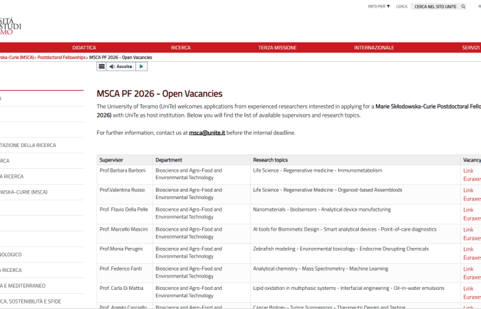 Universiteti i Teramos (UniTe) mirëpret aplikimet nga studiues me përvojë për Marie Skłodowska‑Curie Postdoctoral Fellowships (MSCA PF 2026), me UniTe si institucion pritës.